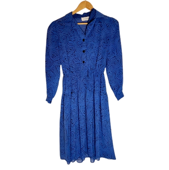 Spiral Jetty Printed Blue & Black Long Sleeve 80s Button-Up Dress - Picture 1 of 8